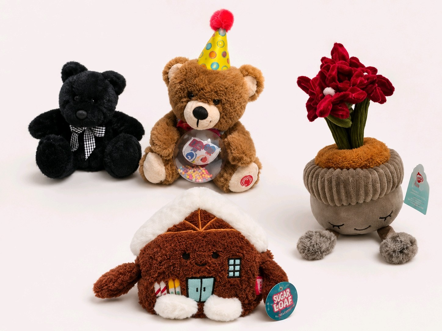 Plush Toy Lot  Singing Light-Up Birthday Bear, Prestige Black Bear, Poinsettia & Bum Bumz
