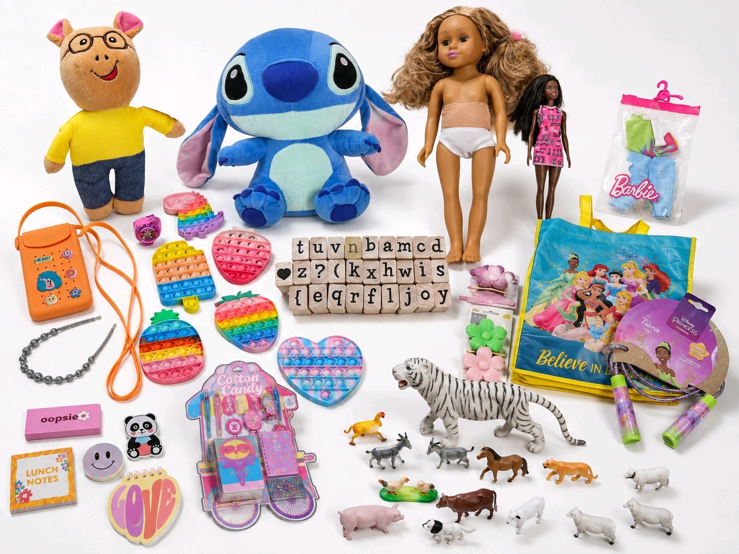 Kids Toy & Accessory Lot With Disney Stitch, Arthur, Barbie, Disney Princess, Pop-Its, Stamps & Animal Figures