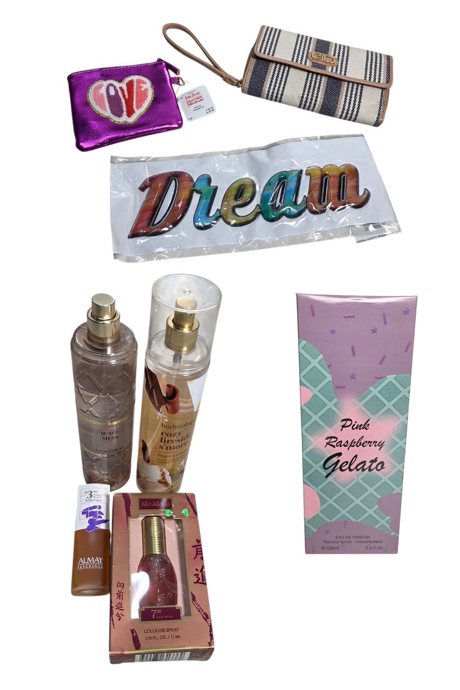 Mixed Fragrance, Wallet & Decor Lot With Pink Raspberry Gelato, Bath & Body Works, Bodycology, Almay, Xia Xiang & Pouches