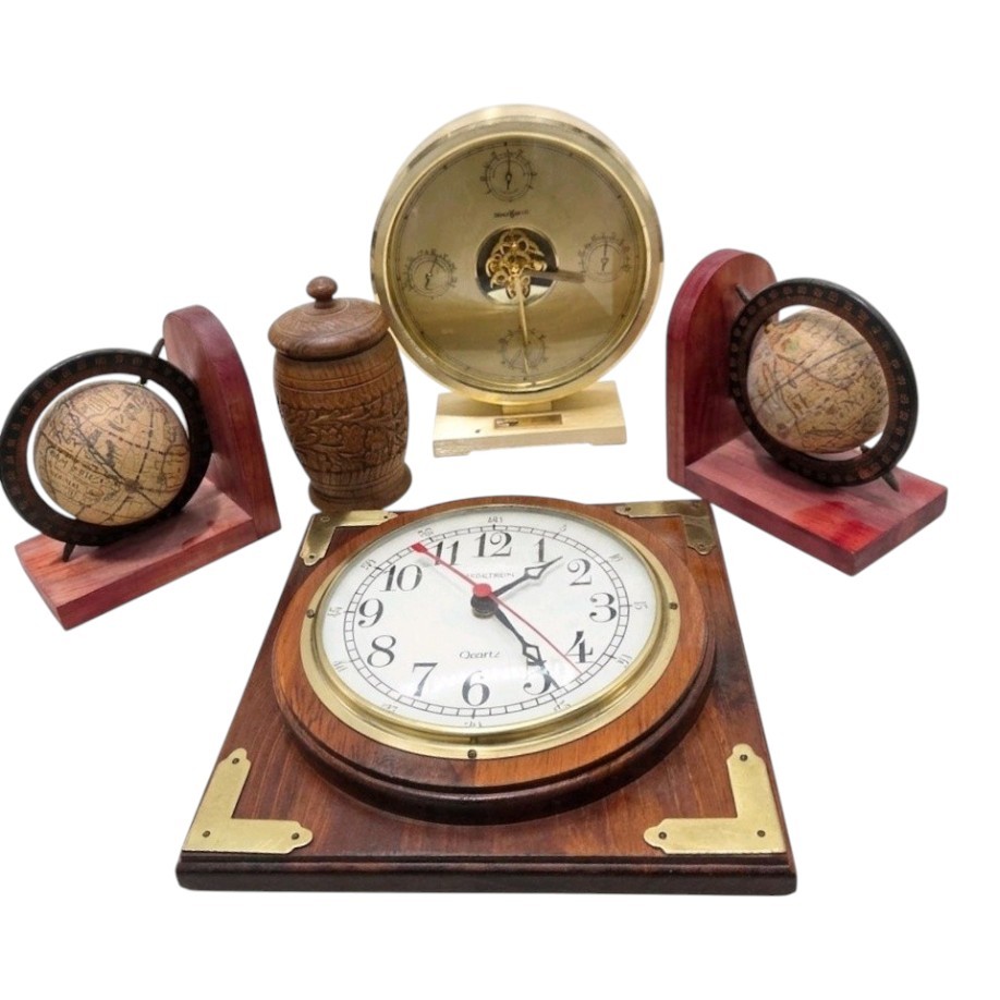 Decor Lot - Howard Miller Weather Station, Nautical Wood Clock, Globe Bookends, Carved Wood Jar