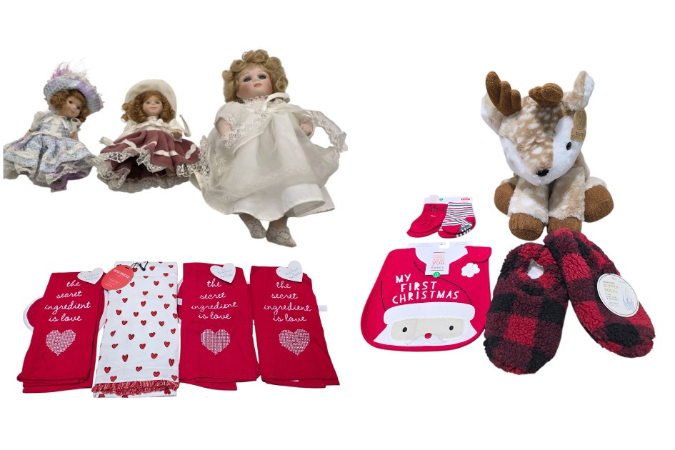 Mixed Gift & Collectible Lot  Ganz Porcelain Dolls, Animal Adventure Deer Plush, Carters Christmas Baby Items & Kitchen Towels