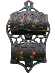 Vintage Cast Iron Wall Match Holder With Hand-Painted Floral Design