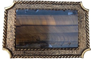 Tiger Eye Stone Belt Buckle With Gold-Tone Rope Border