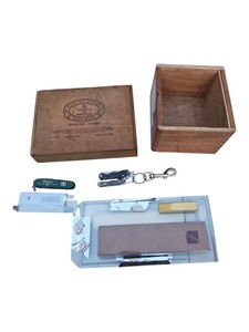Sancho Panza Wooden Cigar Box Lot With Victorinox Ball Swiss Army Knife, Mini Multi-Tool & Sharpening Stone