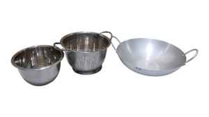 3-Piece Metal Kitchen Lot  36cm Wok, Stainless Colander & Mixing Bowl