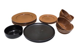 13-Piece Brown & Black Dinnerware Lot  Plates & Bowls