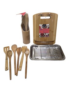 Chefs Atelier Bamboo Kitchen Lot  Cutting Boards, 5 Utensils w Holder & Roasting Pan Rack