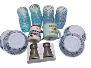 Mixed Drinkware & Kitchen Lot - Blue Tumblers, Floral Bowls, Mugs & Eiffel Tower Shakers