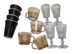 Mixed Glass Drinkware Lot - Amber Mugs, Clear Goblets & Black Speckled Cups