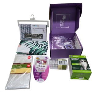 Bathroom & Gift Lot  At Home Shower Curtain Set, Liner, Rings, Greenlite Showerhead Kit, Razors & Gift Box