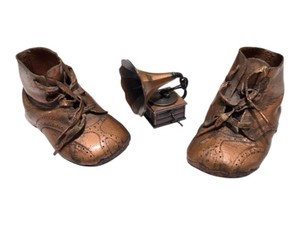 Vintage-Style Copper Tone Baby Shoe Decor & Mini Gramophone Figurine