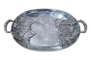 Decorative Oval Metal Serving Tray With Handles - Grape & Leaf Design