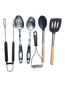 Mixed Kitchen Utensil Lot  Cuisinart Spoons, Spatula, Masher & Metal Tongs