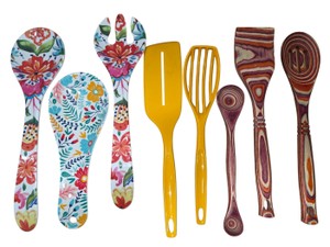 Colorful Serving Utensil Lot  Floral Spoons, Salad Fork, Yellow Spatulas & Wood Utensils
