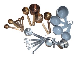 Assorted Measuring Cups & Measuring Spoons Lot  Metal, Copper Tone & Plastic Sets