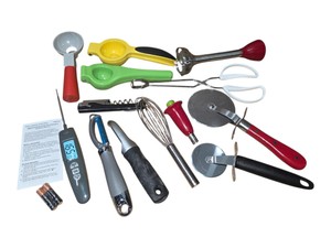 Assorted Kitchen Tool Lot  Thermometer, Citrus Presses, Whisk, Pizza Cutters & More