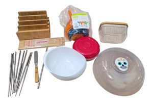 Assorted Kitchen Lot  Bamboo Organizer, Butter Dish, Chopsticks, Bowl, Margarita Cups & More