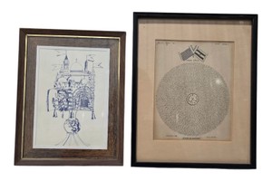 2 Framed Judaica Wall Art Pieces  1942 Story of Esther S. Bloom & Jerusalem Drawing