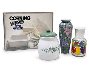 Corning Ware Just White Bakeware Box, Ceramic Canister, Floral Vase & Fruit Glass Carafe Lot