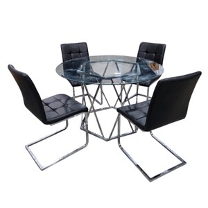 Modern 5-Piece Glass-Top Dining Set with 4 Black Padded Cantilever Chairs