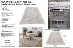 pre owned. IKEA TVERSTED Large 710 x 910 Beige & Gray Geometric Area Rug  Made in Belgium