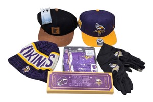 Minnesota Vikings NFL Fan Gear Lot  2 Caps, Beanie, Gloves, Face Mask & Ticket Box