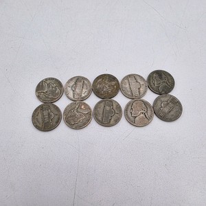 10 WWII Jefferson War Nickels  35% Silver  Mixed 1943-1945 PDS Lot  Approx. 0.563 Troy Oz Silver