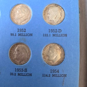 4 Silver Roosevelt Dimes  1952, 1952-D, 1953-S & 1954  90% Silver Coin Lot