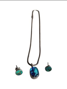 Sterling Silver Pendant Necklace & Matching Stud Earrings With Blue Green Stones