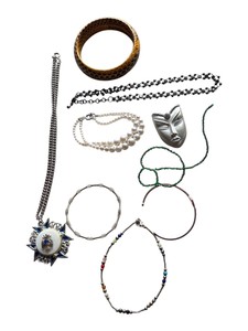Unresearched Mixed Jewelry Lot  Necklaces, Bracelets, Bangle, Mask Pin & Rhinestone Pieces
