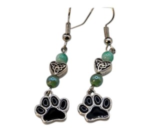 Handmade Jewelry  Local Minnesota Senior Artist  100% Proceeds Support The Artist Silver Tone Paw Print Dangle Earrings With Green Beads