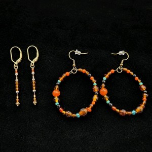 Handmade Jewelry  Local Minnesota Senior Artist  100% Proceeds Support The Artist 2 Pair Beaded Dangle Earrings  Orange Turquoise Tone Hoop & Drop Style