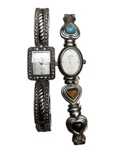 Vintage Lot of 2 Silver-Tone Quartz Bracelet Watches With Heart & Stone Accents
