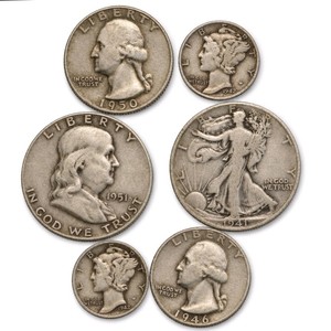 90% Silver U.S. Coin Lot – Walking Liberty Half, Franklin Half, Washington Quarters & Mercury Dimes about 1.215 troy oz actual silver weight.