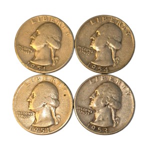 4 Washington Silver Quarters  1951, 1951, 1953 & 1954  90% Silver Coin Lot. About 0.723 troy oz actual silver weight.