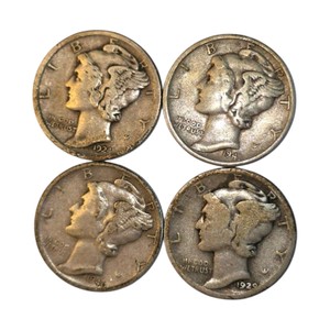 4 Mercury Silver Dimes  1924, 1929, 1940 & 1941  90% Silver Coin Lot. About 0.289 troy oz actual silver weight.
