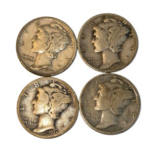 4 Mercury Dimes  1923, 1927, 1939 & 1943  90% Silver Coin Lot. About 0.289 troy oz actual silver weight.