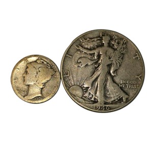 1919 Mercury Dime & 1946 Walking Liberty Half Dollar  90% Silver U.S. Coins About 0.4340 troy oz actual silver weight.