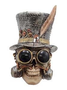Retail Value: $119.99 Steampunk Skull Head Decor With Top Hat, Goggles & Feather - Item SG-32