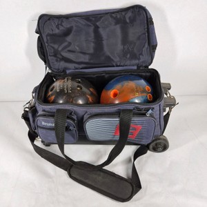Lot of 2 Bowling Balls with Rolling Bowling Bag
