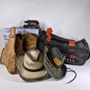 Lot of Rocky Western Boots, Roper Bag, Cowboy Hats, and Western Accessories
