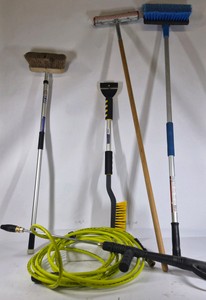 Lot of Car Washing Brushes, Squeegee, and Pressure Washer Hose