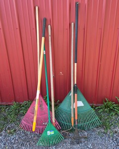 Lot of Assorted Leaf Rakes and Garden Rakes