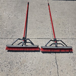 Lot of 2 Push Brooms with Red Handles and Wide Brush Heads