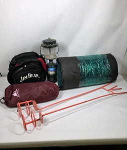 Assorted Camping Gear Lot with Propane Lantern Folding Table and Cookware