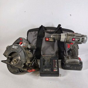 Porter-Cable 18V NiCd Cordless Drill, Circular Saw, Charger, Battery, and Tool Bag Lot