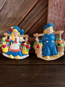 Dutch Boy & Girl Chalkware Wall Plaques  Kitchen Decor Figures.