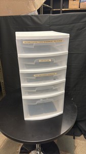 Clear and White Plastic Cabinet Shelving Unit, 5 Working Drawers