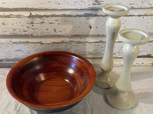 Nice Wood Bowl and Pair of Wooden Candle Holders