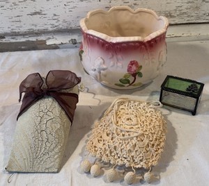 Elegant Planter, Metal Wall Pocket, Victorian Crochet Reticule. Glass Trinket Box